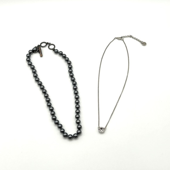 Givenchy Necklace ~Bundle of 2~ Gun Metal Gray Pearls Cubic Zirconia CZ on Chain - Picture 2 of 10